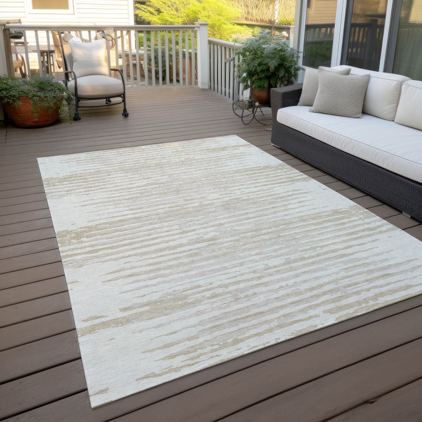 Tabselect Home Line 5' X 8' Ivory And Beige Striped Washable Indoor Outdoor Area Rug