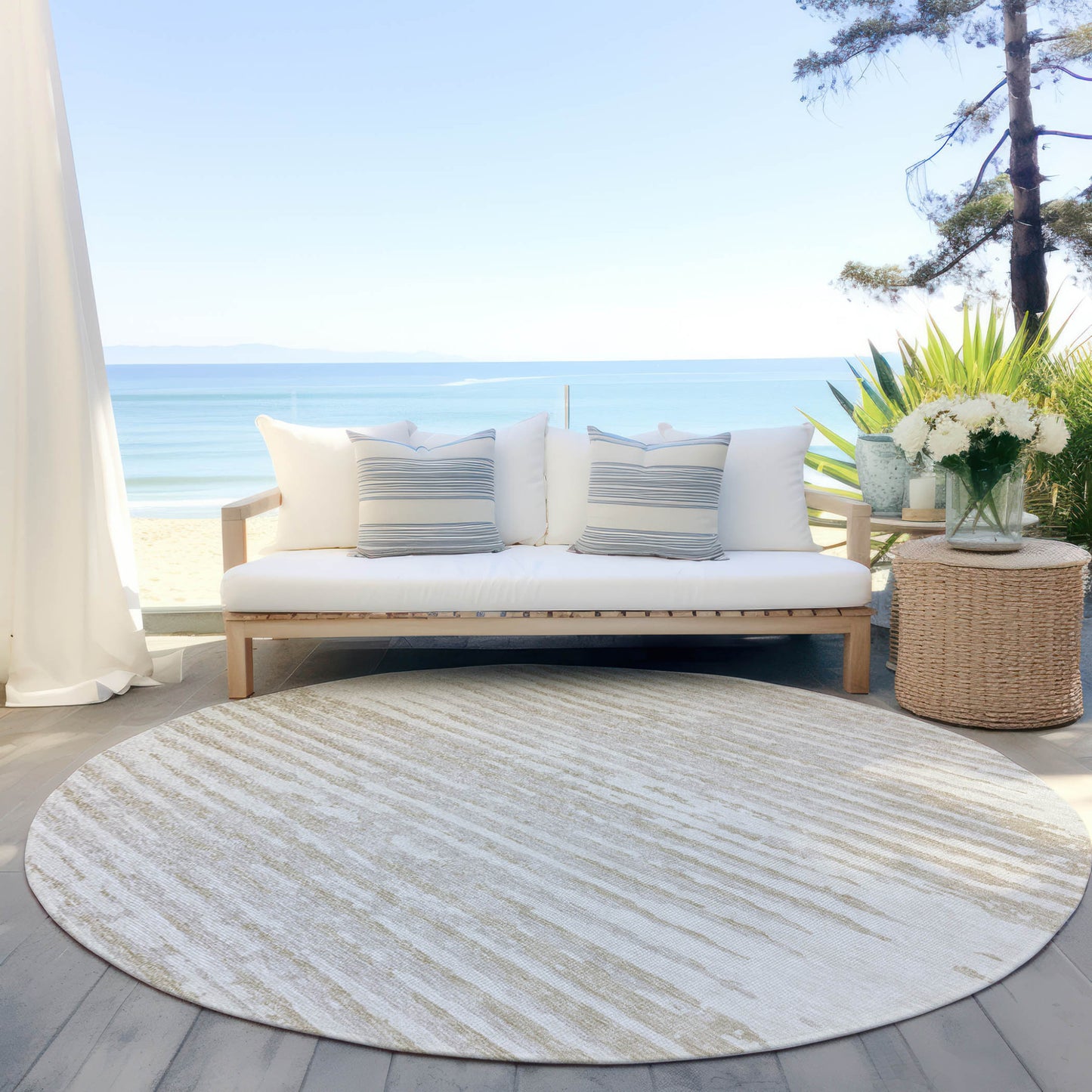Tabselect Home Line 8' Ivory And Beige Round Striped Washable Indoor Outdoor Area Rug