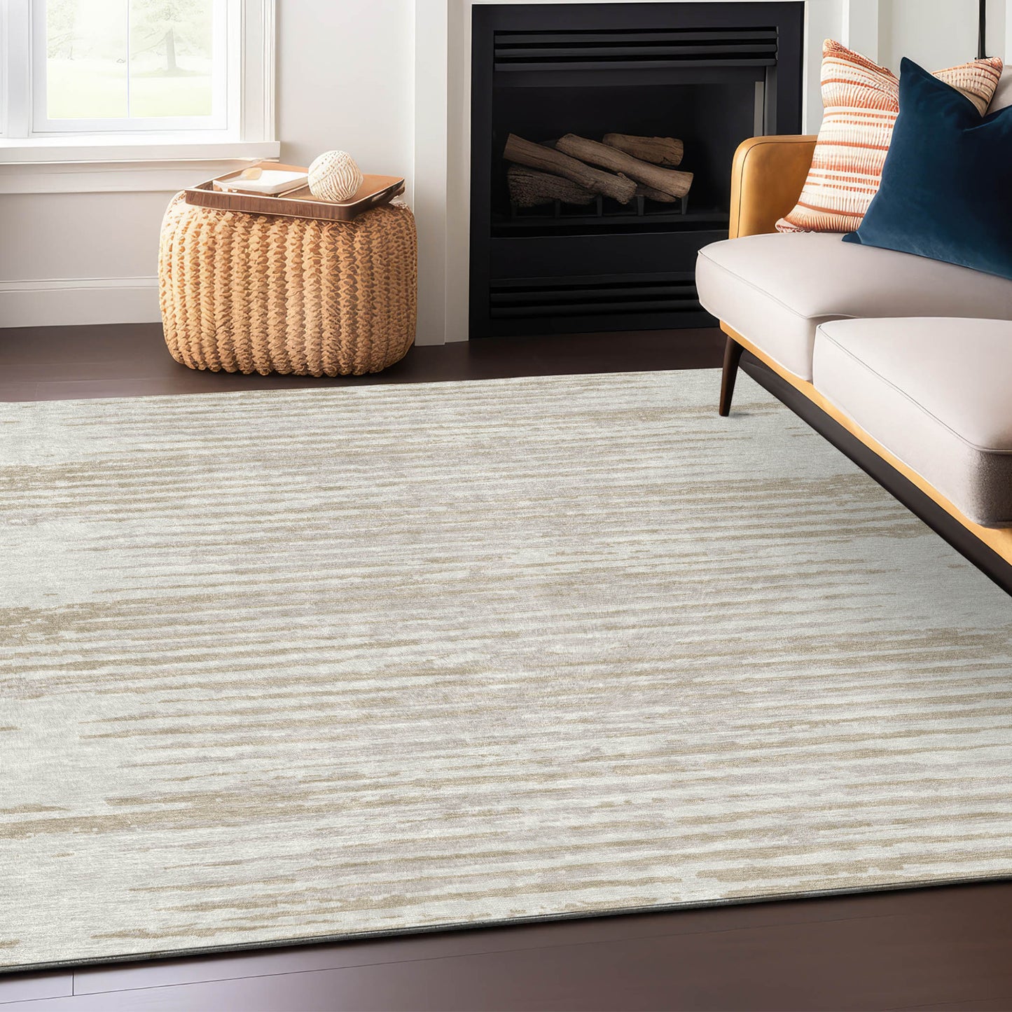 Tabselect Home Line 8' X 10' Ivory And Beige Striped Washable Indoor Outdoor Area Rug