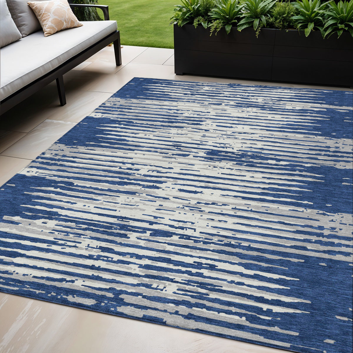 Tabselect Home Line 5' X 8' Navy Blue And Ivory Striped Washable Indoor Outdoor Area Rug