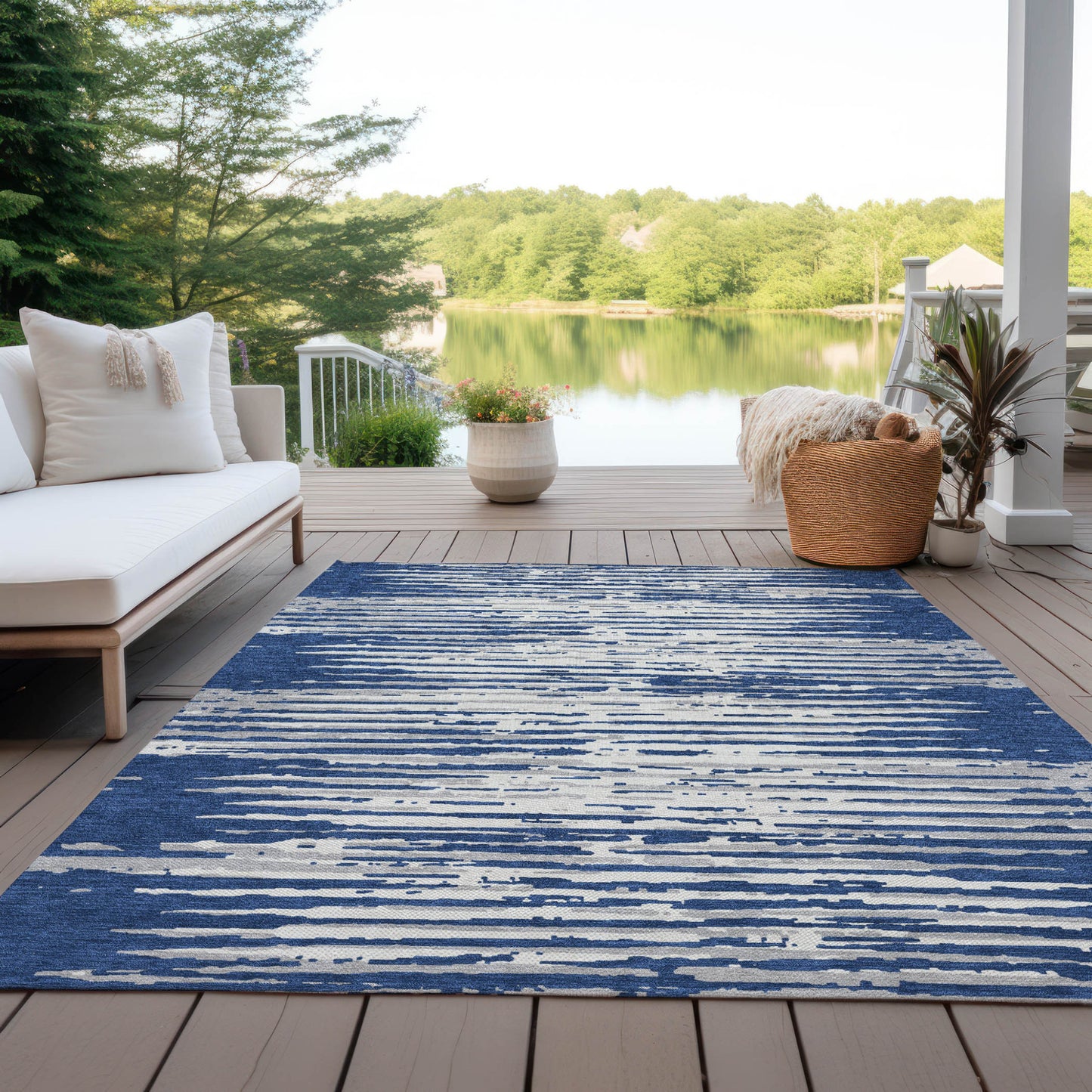 Tabselect Home Line 5' X 8' Navy Blue And Ivory Striped Washable Indoor Outdoor Area Rug