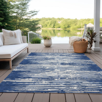 Tabselect Home Line 5' X 8' Navy Blue And Ivory Striped Washable Indoor Outdoor Area Rug