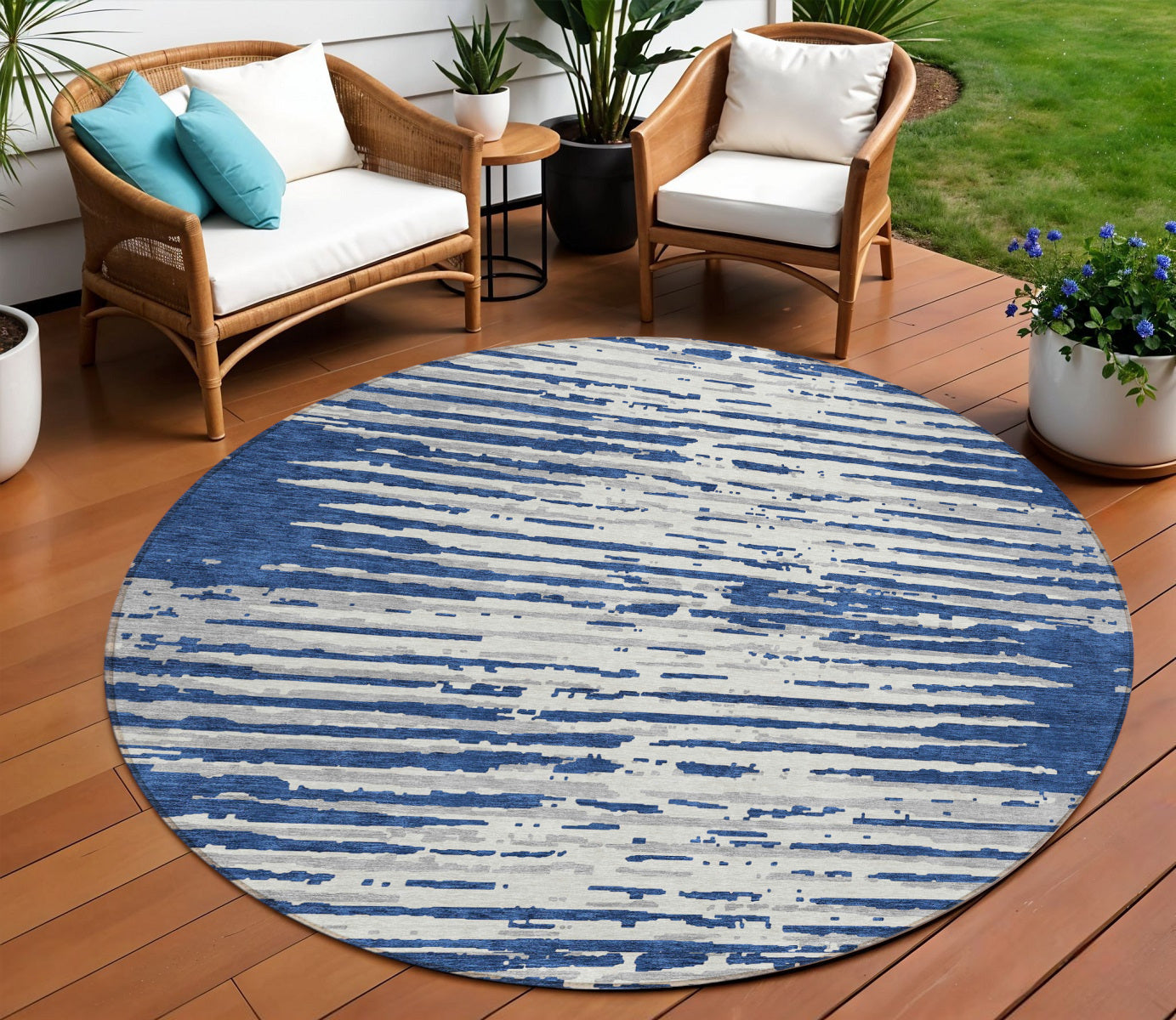 Tabselect Home Line 8' Navy Blue And Ivory Round Striped Washable Indoor Outdoor Area Rug