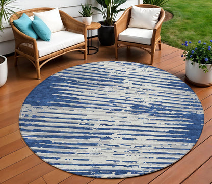 Tabselect Home Line 8' Navy Blue And Ivory Round Striped Washable Indoor Outdoor Area Rug