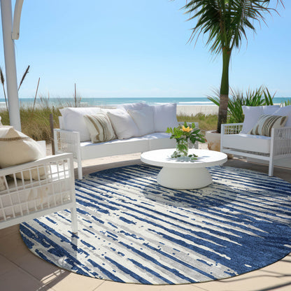 Tabselect Home Line 8' Navy Blue And Ivory Round Striped Washable Indoor Outdoor Area Rug