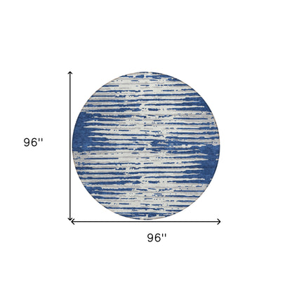 Tabselect Home Line 8' Navy Blue And Ivory Round Striped Washable Indoor Outdoor Area Rug