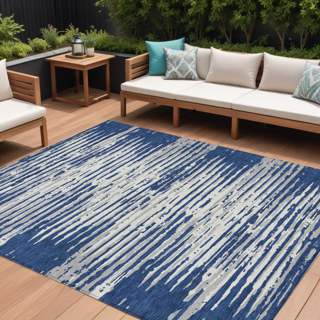 Tabselect Home Line 8' X 10' Navy Blue And Ivory Striped Washable Indoor Outdoor Area Rug