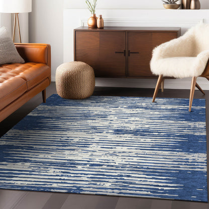 Tabselect Home Line 8' X 10' Navy Blue And Ivory Striped Washable Indoor Outdoor Area Rug