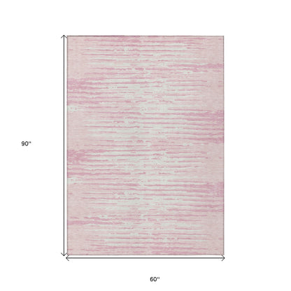 Tabselect Home Line 5' X 8' Pink And Gray Striped Washable Indoor Outdoor Area Rug