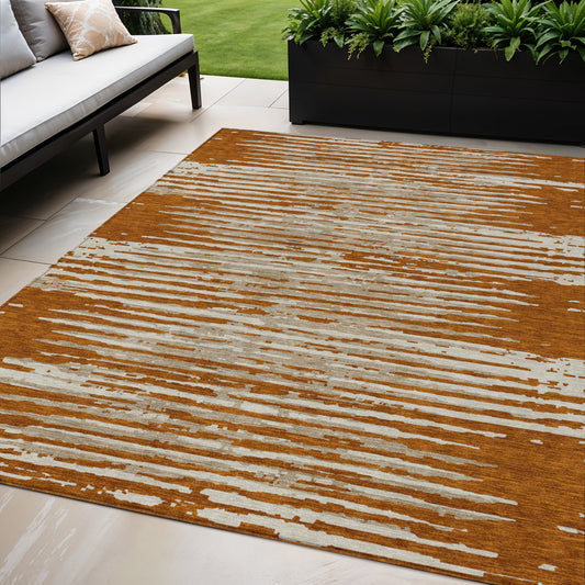 Tabselect Home Line 5' X 8' Brown Gray And Ivory Striped Washable Indoor Outdoor Area Rug