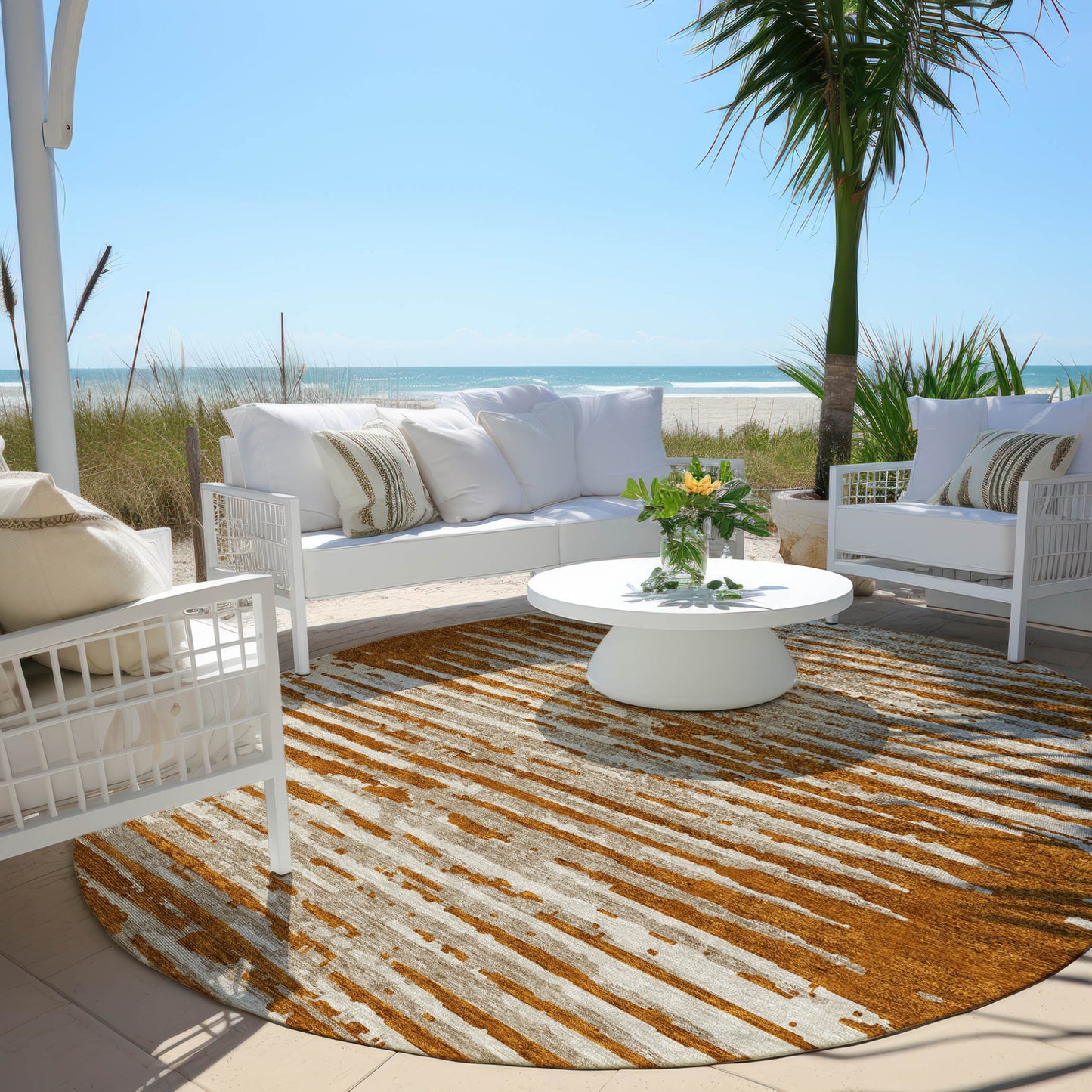 Tabselect Home Line 8' Brown Gray And Ivory Round Striped Washable Indoor Outdoor Area Rug