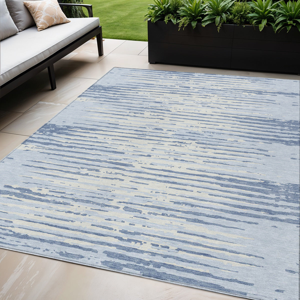Tabselect Home Line 5' X 8' Sky Blue And Ivory Striped Washable Indoor Outdoor Area Rug