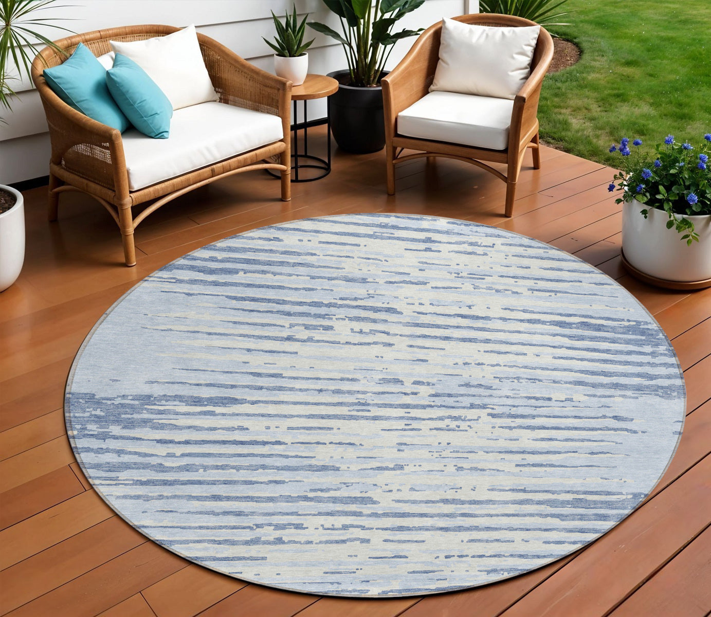 Tabselect Home Line 8' Sky Blue And Ivory Round Striped Washable Indoor Outdoor Area Rug