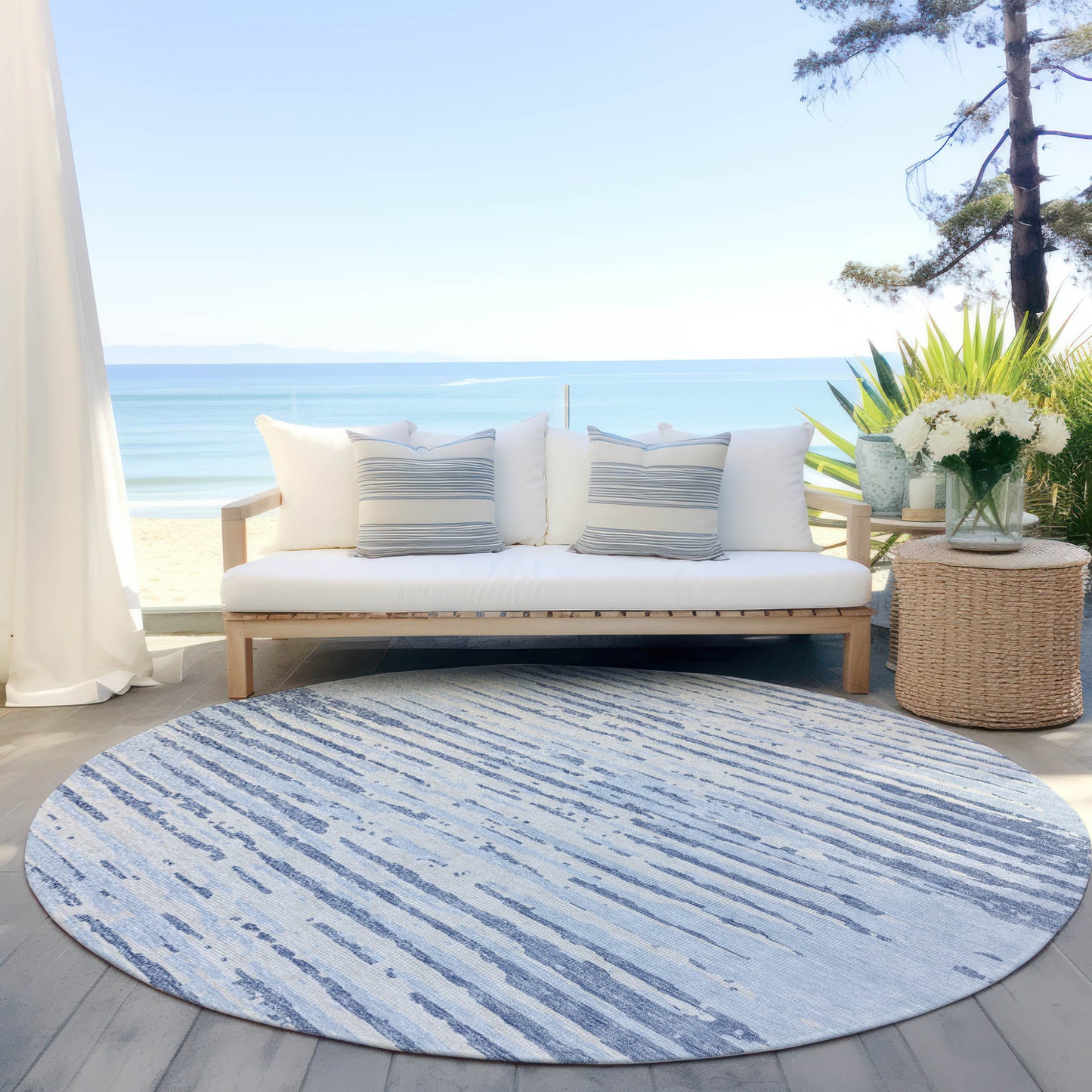 Tabselect Home Line 8' Sky Blue And Ivory Round Striped Washable Indoor Outdoor Area Rug