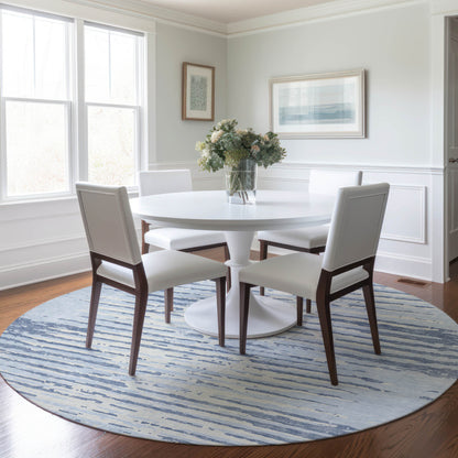 Tabselect Home Line 8' Sky Blue And Ivory Round Striped Washable Indoor Outdoor Area Rug