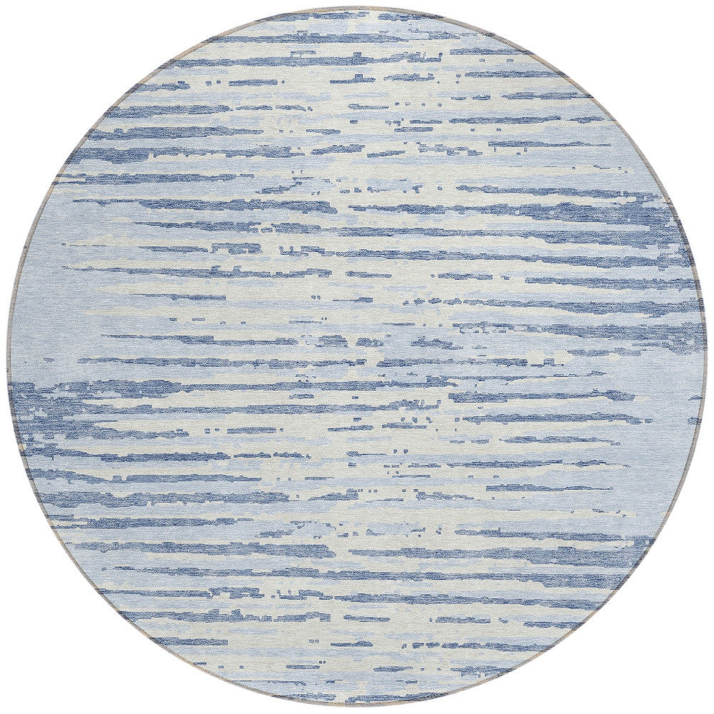 Tabselect Home Line 8' Sky Blue And Ivory Round Striped Washable Indoor Outdoor Area Rug