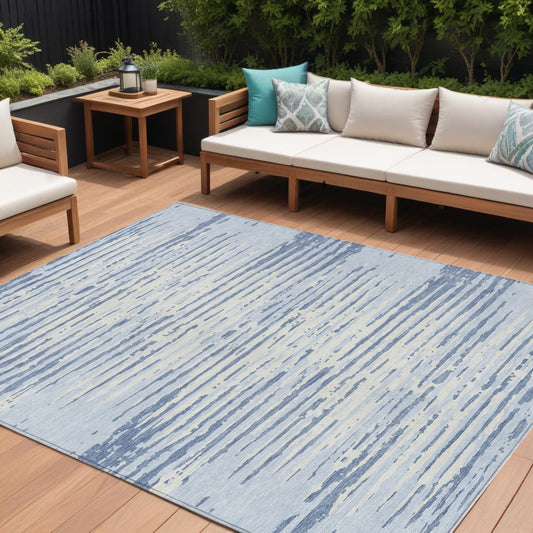 Tabselect Home Line 8' X 10' Sky Blue And Ivory Striped Washable Indoor Outdoor Area Rug
