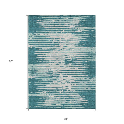 Tabselect Home Line 5' X 8' Teal Blue And Ivory Striped Washable Indoor Outdoor Area Rug
