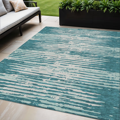 Tabselect Home Line 5' X 8' Teal Blue And Ivory Striped Washable Indoor Outdoor Area Rug