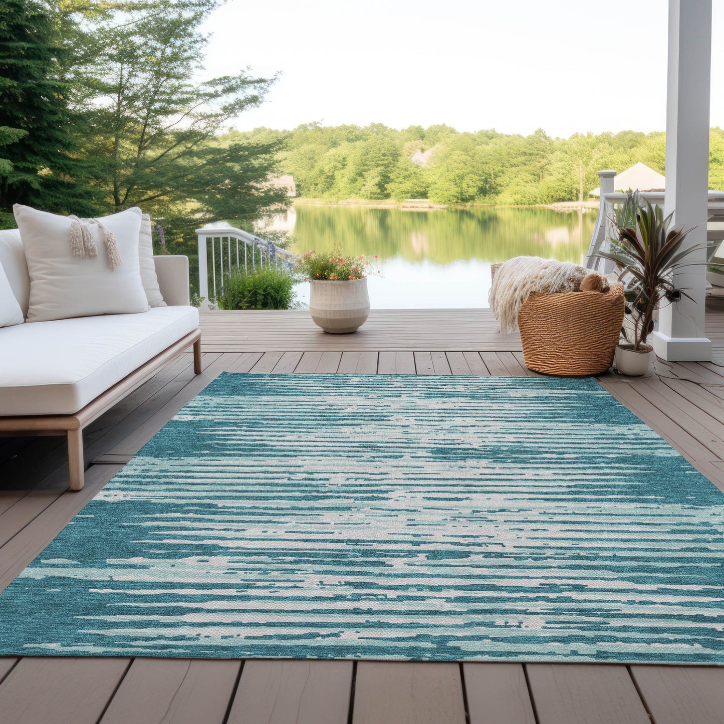 Tabselect Home Line 5' X 8' Teal Blue And Ivory Striped Washable Indoor Outdoor Area Rug