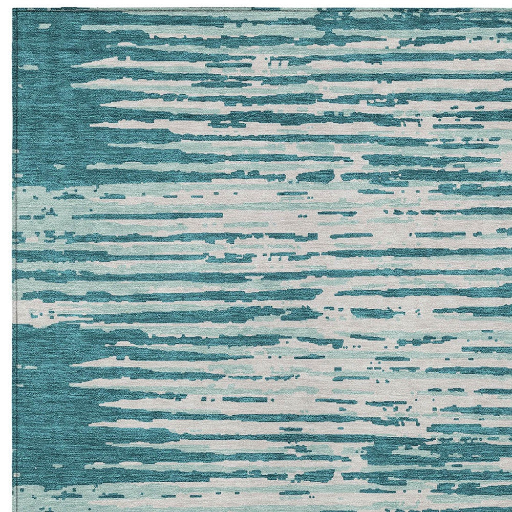 Tabselect Home Line 5' X 8' Teal Blue And Ivory Striped Washable Indoor Outdoor Area Rug