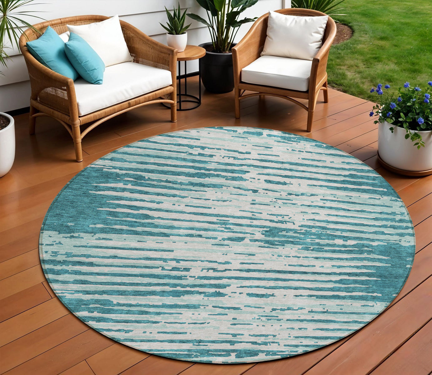 Tabselect Home Line 8' Teal Blue And Ivory Round Striped Washable Indoor Outdoor Area Rug
