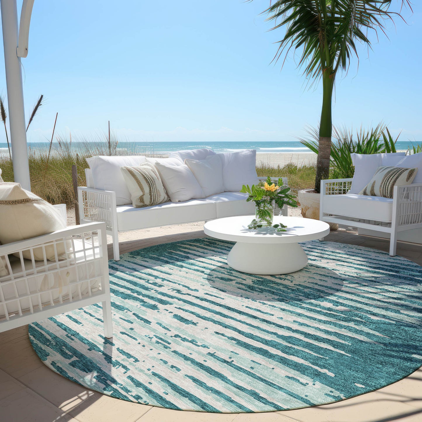 Tabselect Home Line 8' Teal Blue And Ivory Round Striped Washable Indoor Outdoor Area Rug