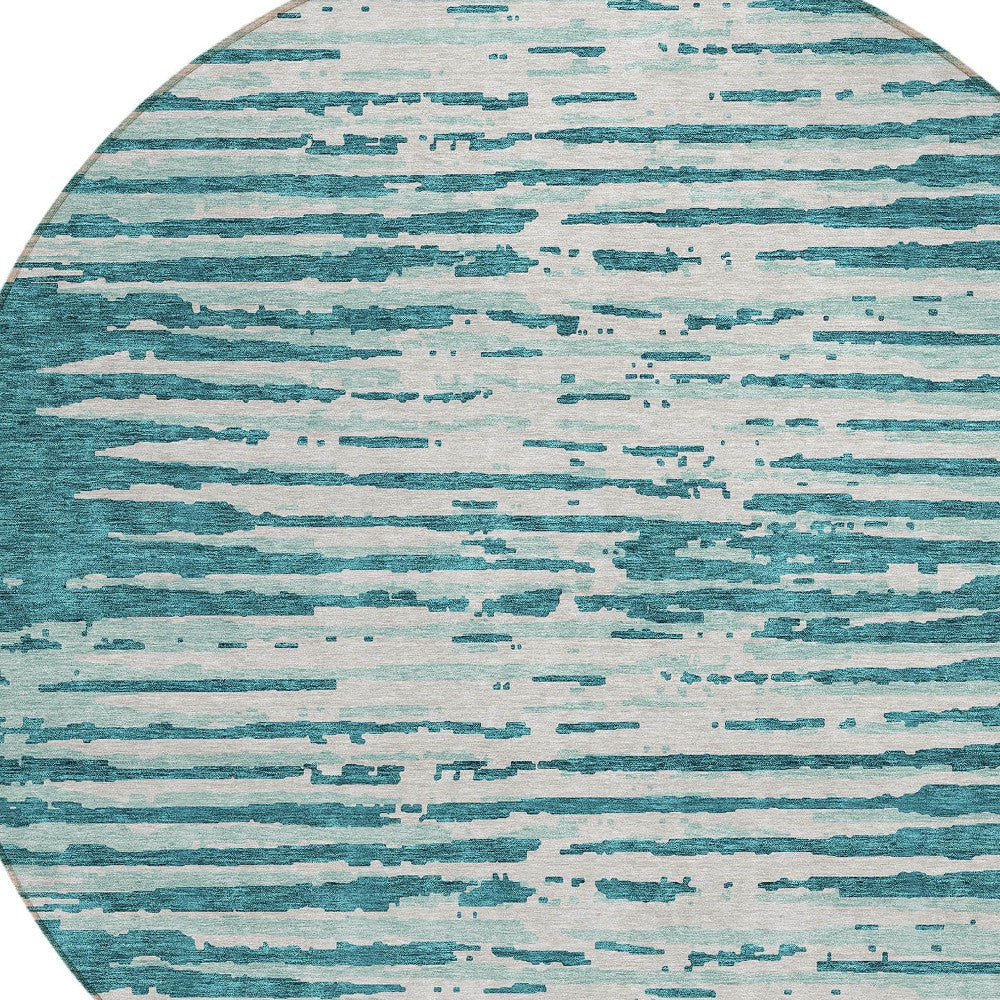 Tabselect Home Line 8' Teal Blue And Ivory Round Striped Washable Indoor Outdoor Area Rug