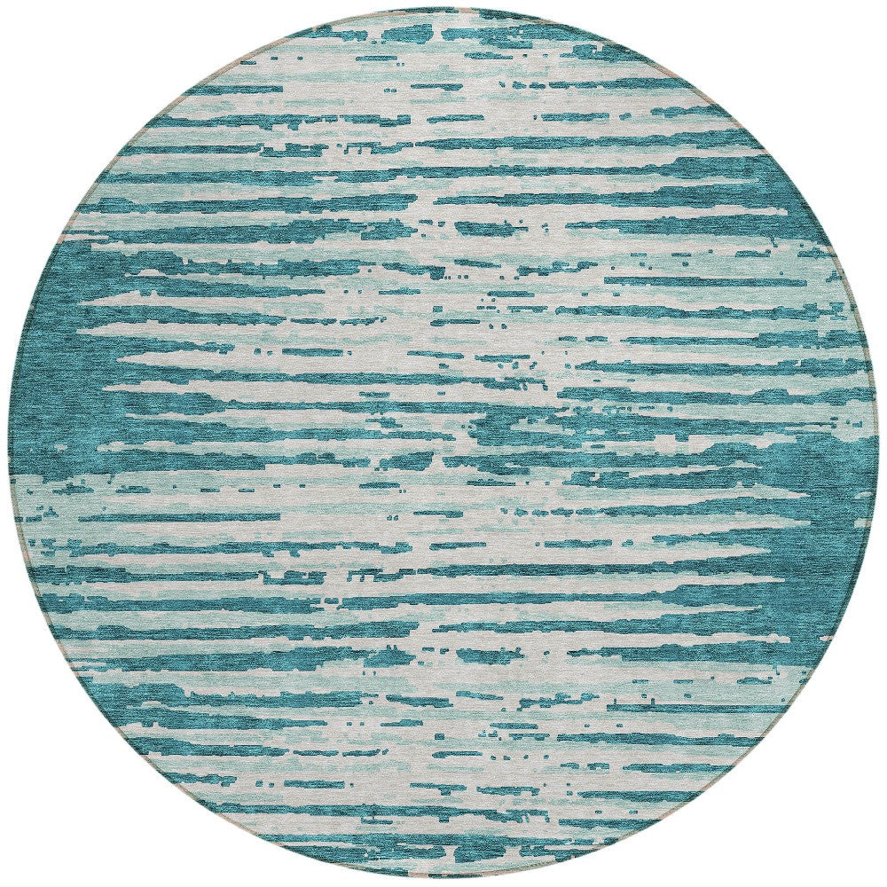 Tabselect Home Line 8' Teal Blue And Ivory Round Striped Washable Indoor Outdoor Area Rug