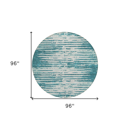 Tabselect Home Line 8' Teal Blue And Ivory Round Striped Washable Indoor Outdoor Area Rug