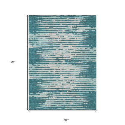 Tabselect Home Line 8' X 10' Teal Blue And Ivory Striped Washable Indoor Outdoor Area Rug