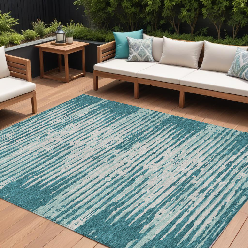 Tabselect Home Line 8' X 10' Teal Blue And Ivory Striped Washable Indoor Outdoor Area Rug