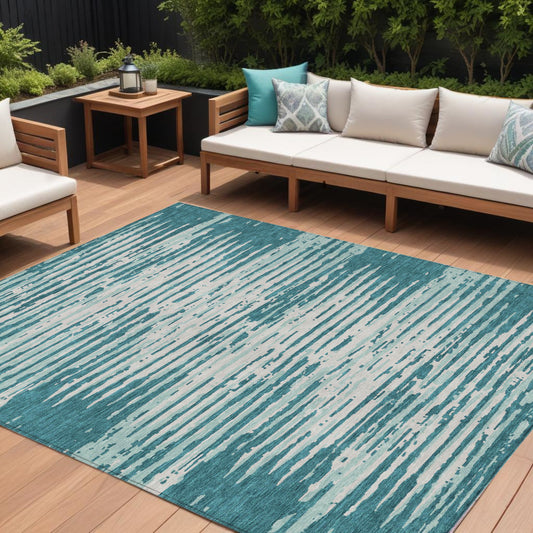 Tabselect Home Line 8' X 10' Teal Blue And Ivory Striped Washable Indoor Outdoor Area Rug