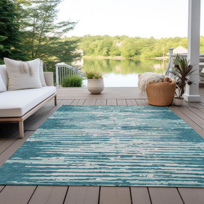 Tabselect Home Line 8' X 10' Teal Blue And Ivory Striped Washable Indoor Outdoor Area Rug