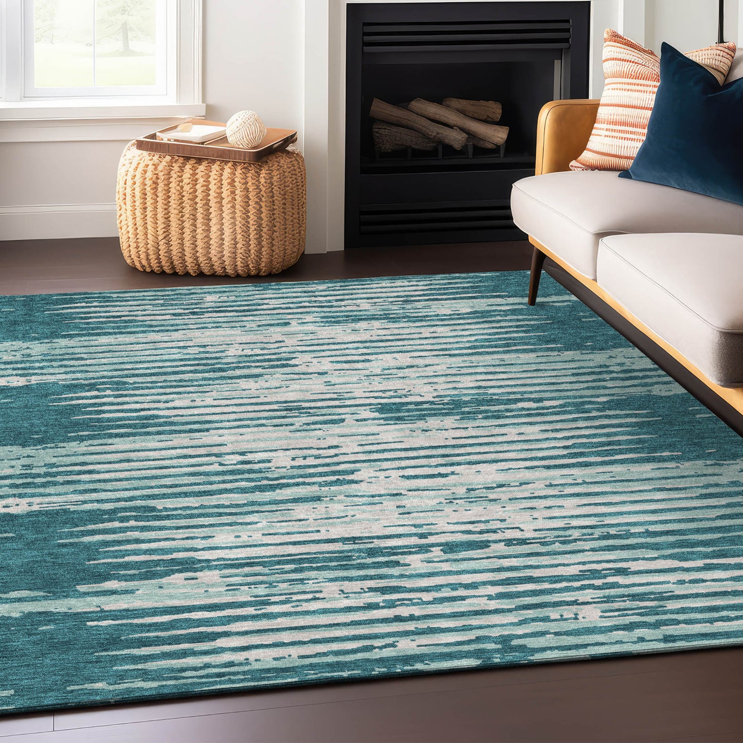 Tabselect Home Line 8' X 10' Teal Blue And Ivory Striped Washable Indoor Outdoor Area Rug