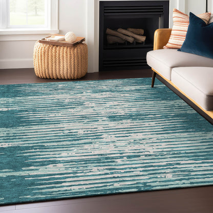Tabselect Home Line 8' X 10' Teal Blue And Ivory Striped Washable Indoor Outdoor Area Rug