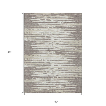 Tabselect Home Line 5' X 8' Taupe And Ivory Striped Washable Indoor Outdoor Area Rug
