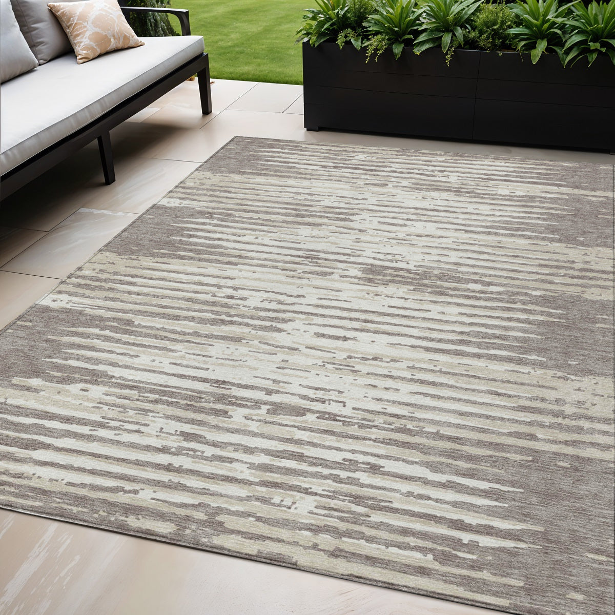 Tabselect Home Line 5' X 8' Taupe And Ivory Striped Washable Indoor Outdoor Area Rug