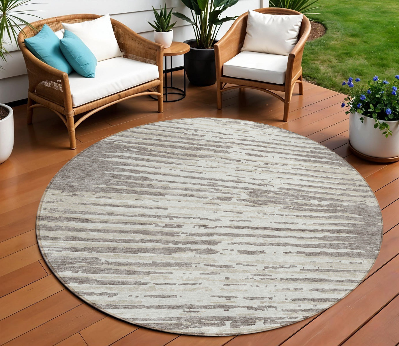 Tabselect Home Line 8' Taupe And Ivory Round Striped Washable Indoor Outdoor Area Rug