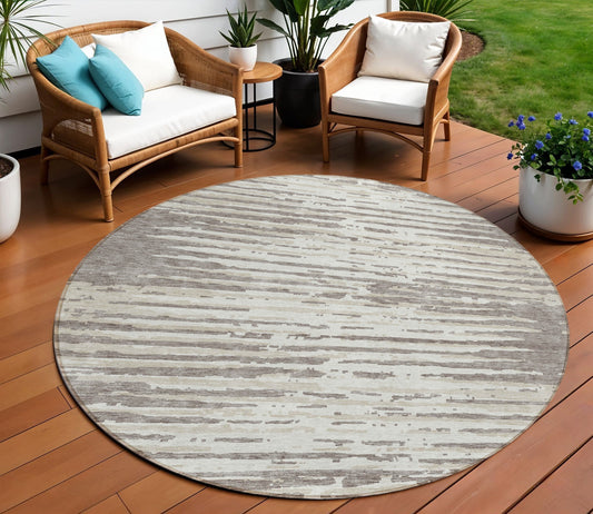 Tabselect Home Line 8' Taupe And Ivory Round Striped Washable Indoor Outdoor Area Rug