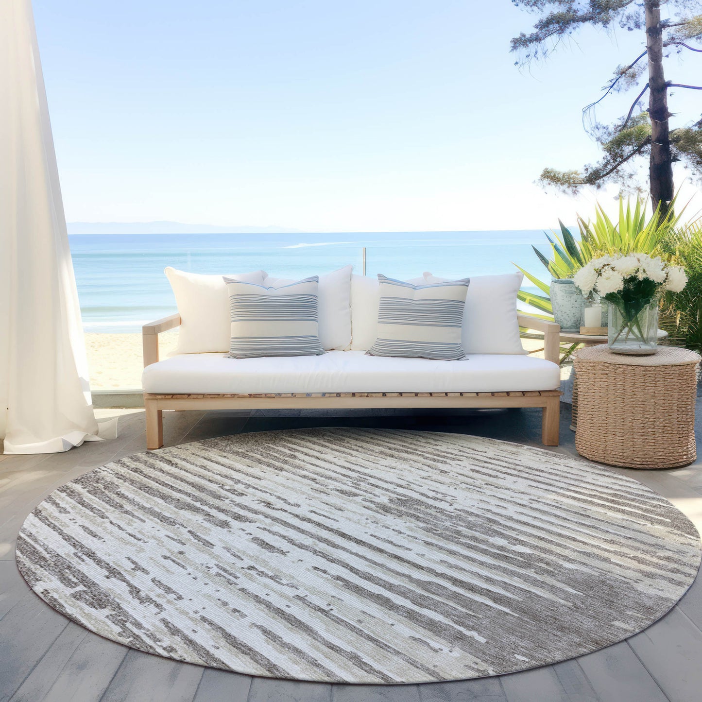 Tabselect Home Line 8' Taupe And Ivory Round Striped Washable Indoor Outdoor Area Rug