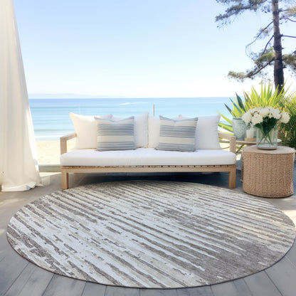 Tabselect Home Line 8' Taupe And Ivory Round Striped Washable Indoor Outdoor Area Rug