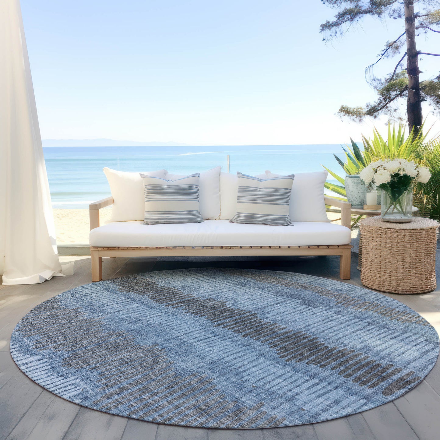 Tabselect Home Line 8' Blue Black And Gray Round Striped Washable Indoor Outdoor Area Rug