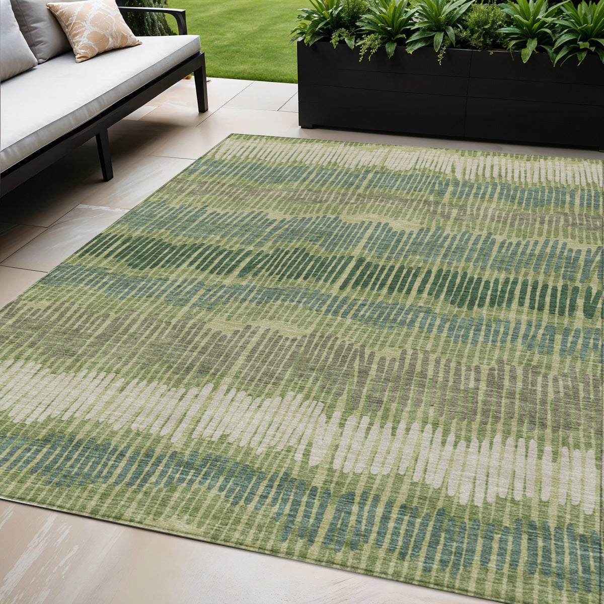 Tabselect Home Line 5' X 8' Green Gray And Ivory Striped Washable Indoor Outdoor Area Rug