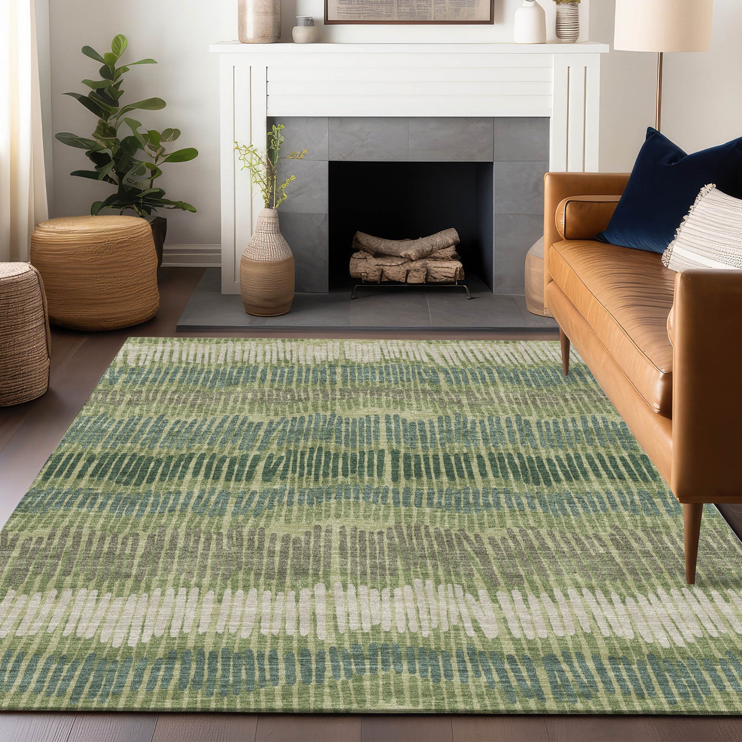 Tabselect Home Line 5' X 8' Green Gray And Ivory Striped Washable Indoor Outdoor Area Rug