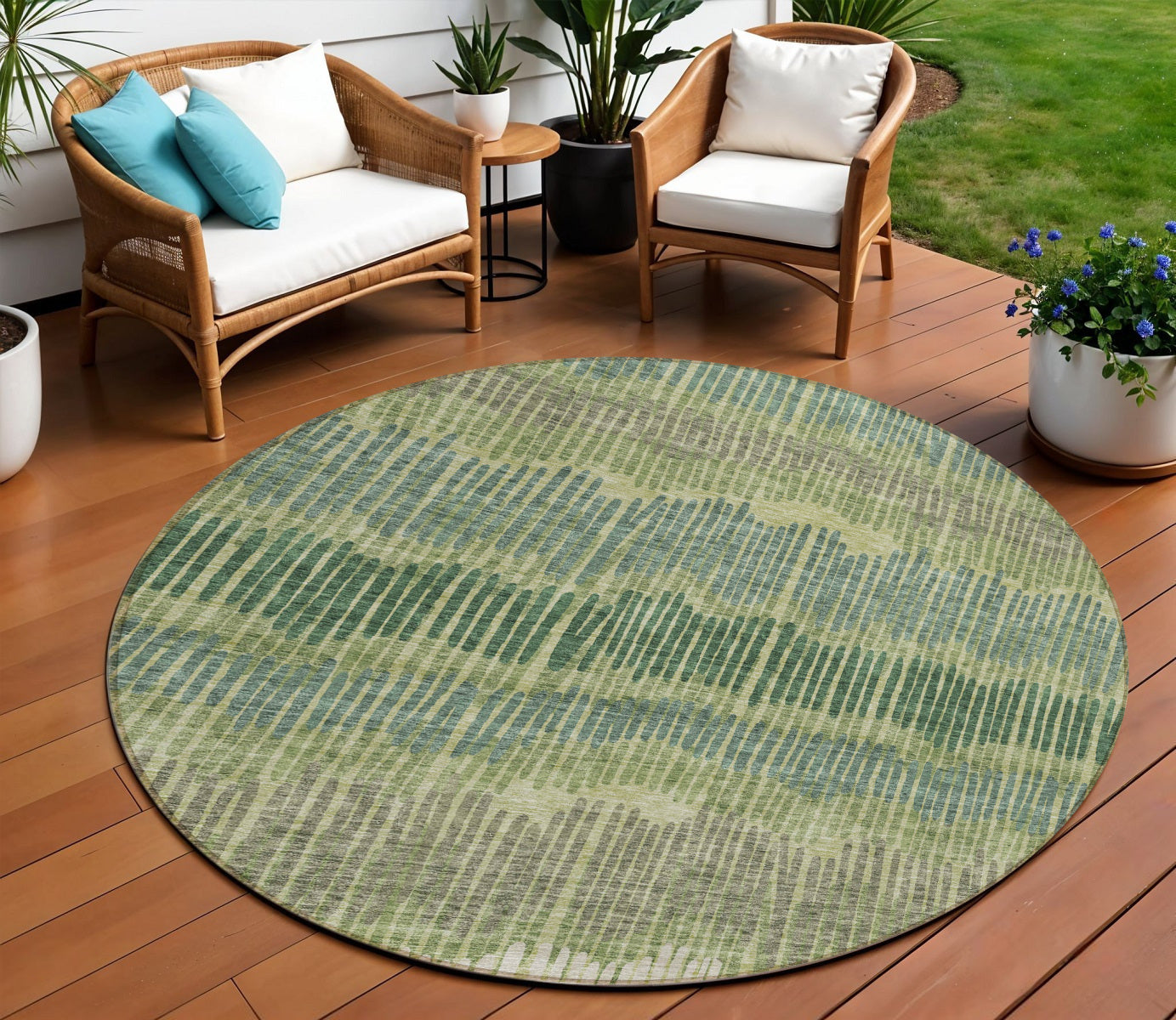 Tabselect Home Line 8' Green Gray And Ivory Round Striped Washable Indoor Outdoor Area Rug
