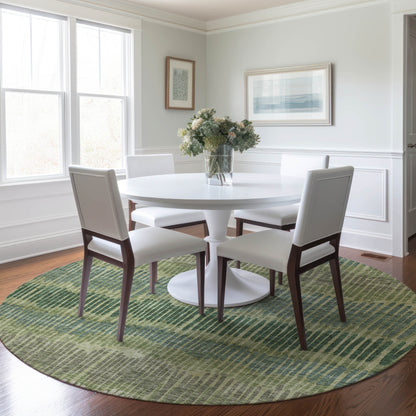 Tabselect Home Line 8' Green Gray And Ivory Round Striped Washable Indoor Outdoor Area Rug