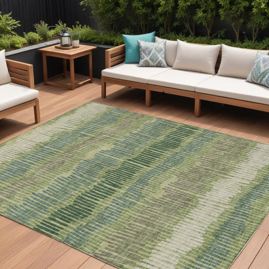 Tabselect Home Line 8' X 10' Green Gray And Ivory Striped Washable Indoor Outdoor Area Rug
