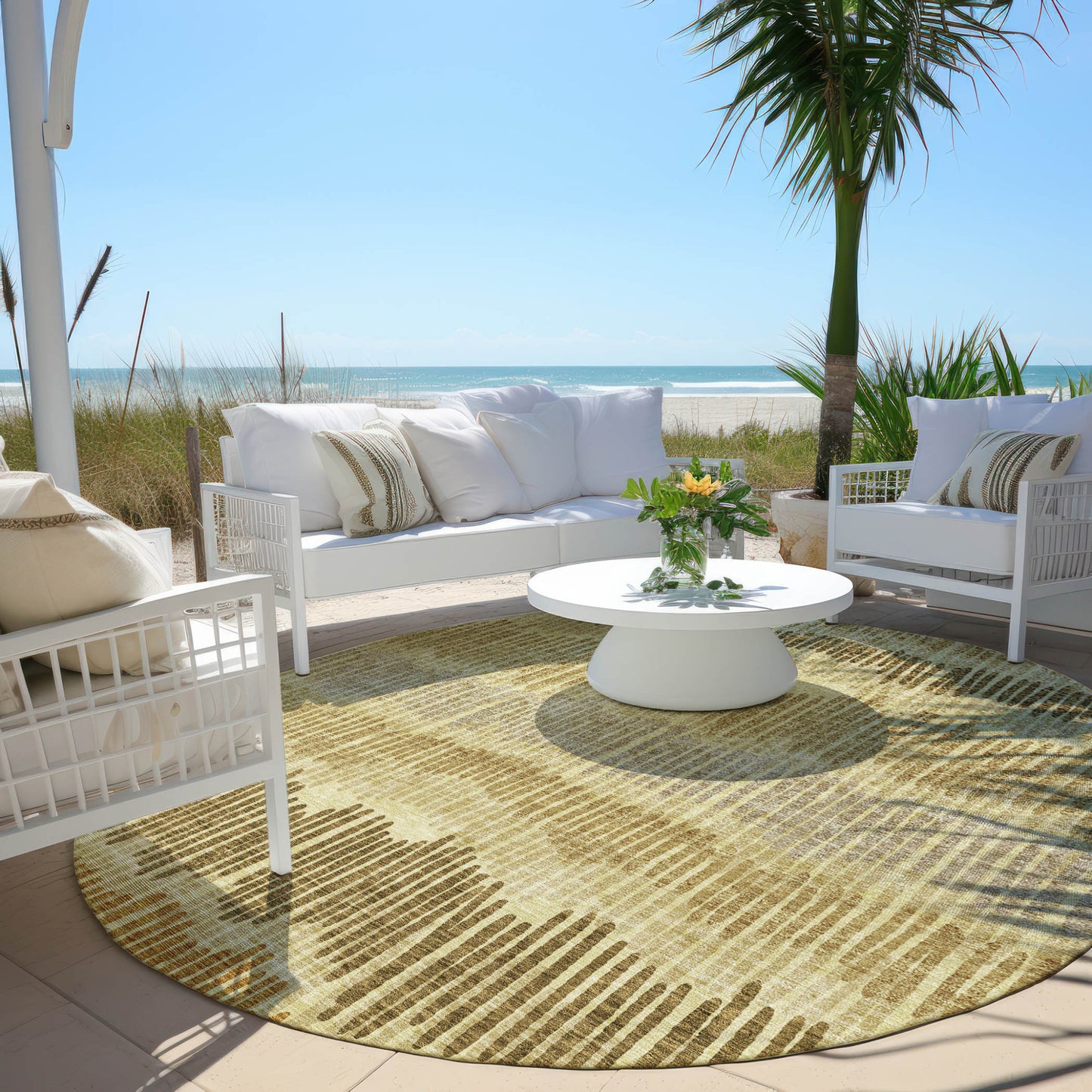 Tabselect Home Line 8' Gold Brown And Gray Round Striped Washable Indoor Outdoor Area Rug