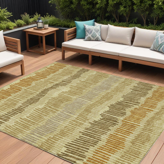 Tabselect Home Line 8' X 10' Gold Brown And Gray Striped Washable Indoor Outdoor Area Rug